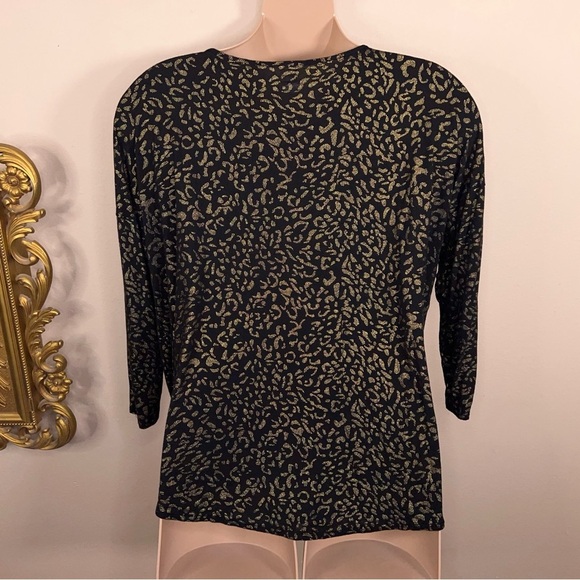 2X J Lo Black Gold Leopard Animal Wrap Look Top Stretch Shimmer Draped Plus - Picture 5 of 12